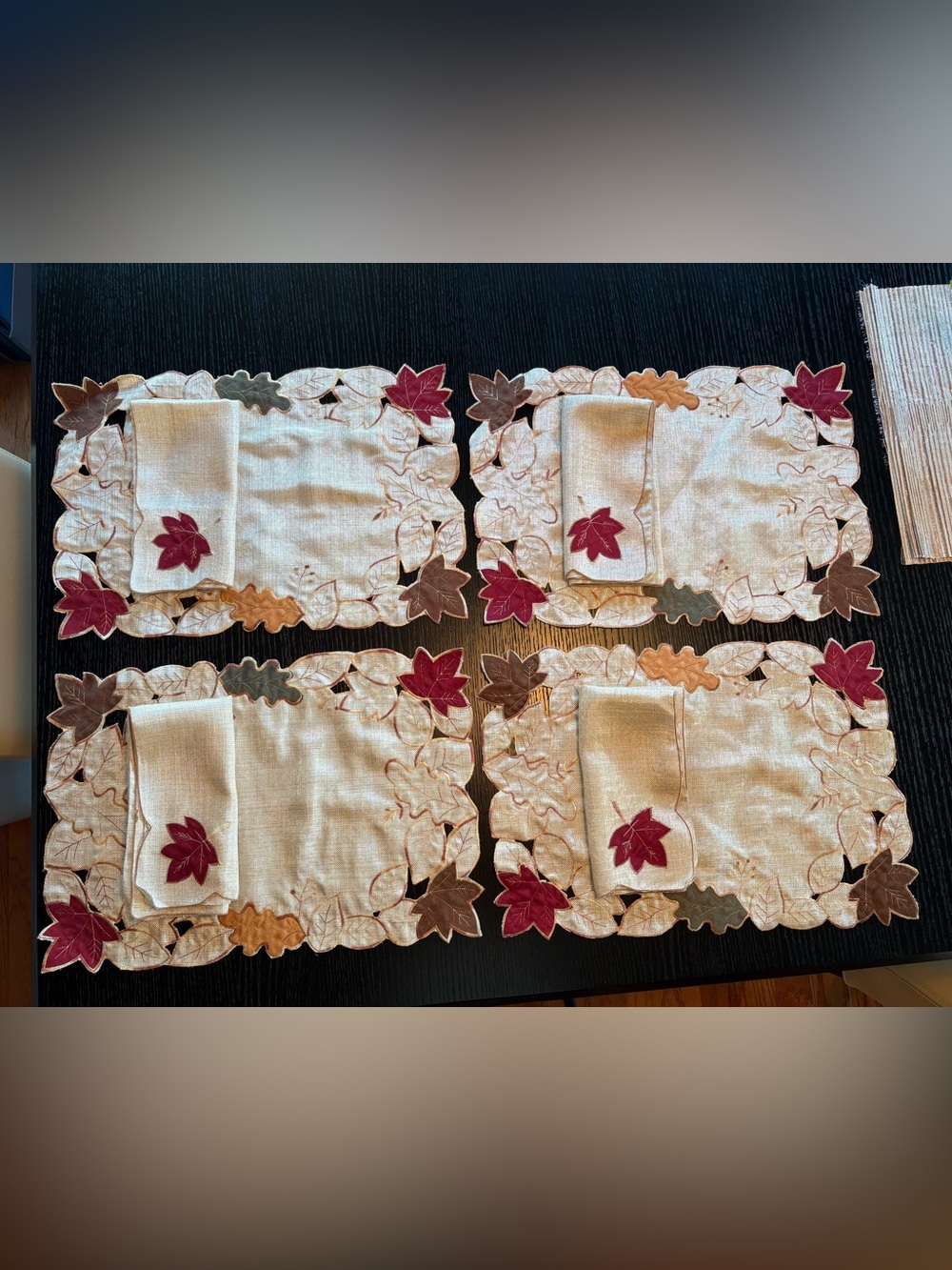 Matching Embroidered Autumn Leaf Cloth Napkins and Placemats - Set of 4 pairs